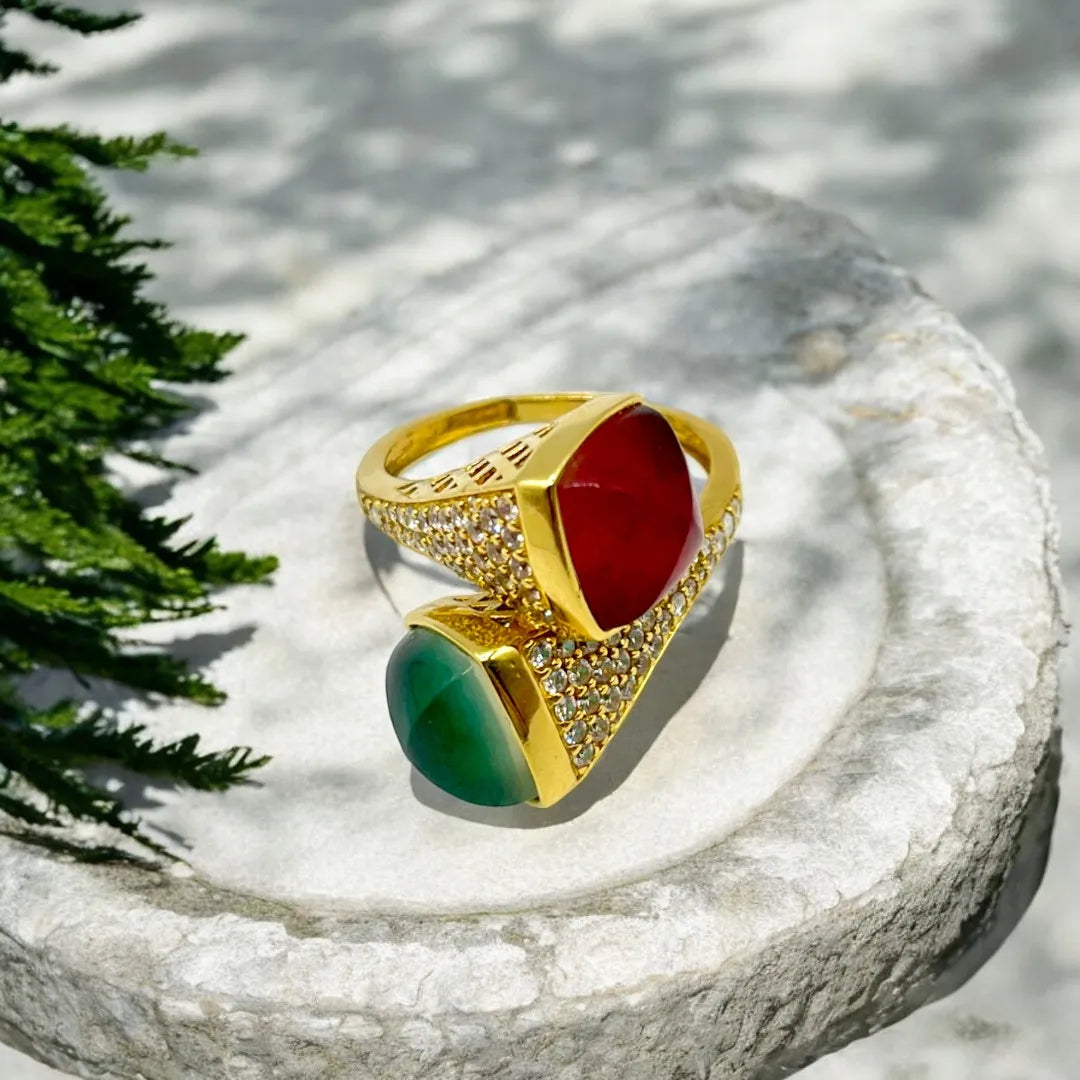 Bague Moderne en Or 18k avec Pierres Rouge et Verte