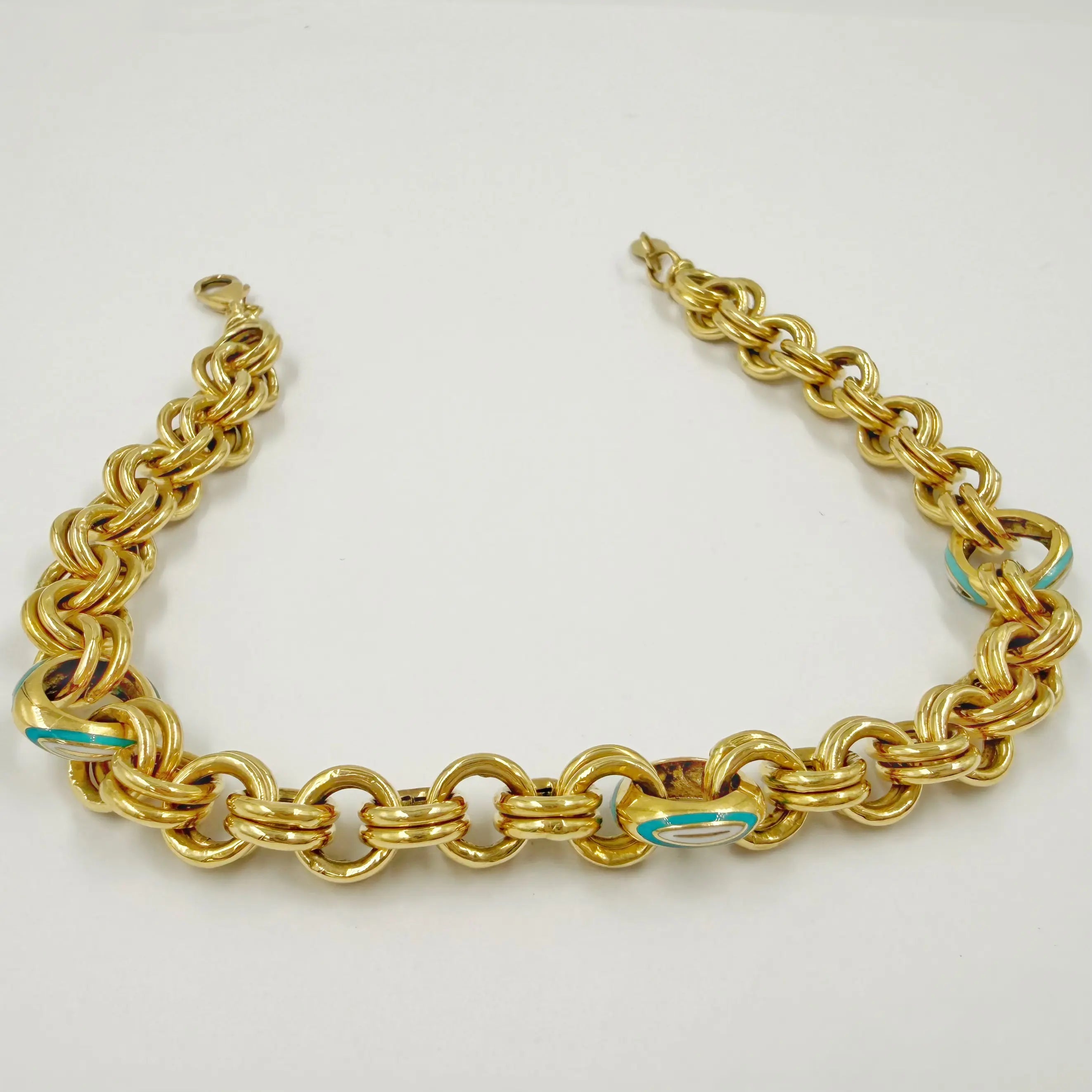 Gourmette Maillons Émaillés Bleu Ciel et Blanc en Or Jaune 18K