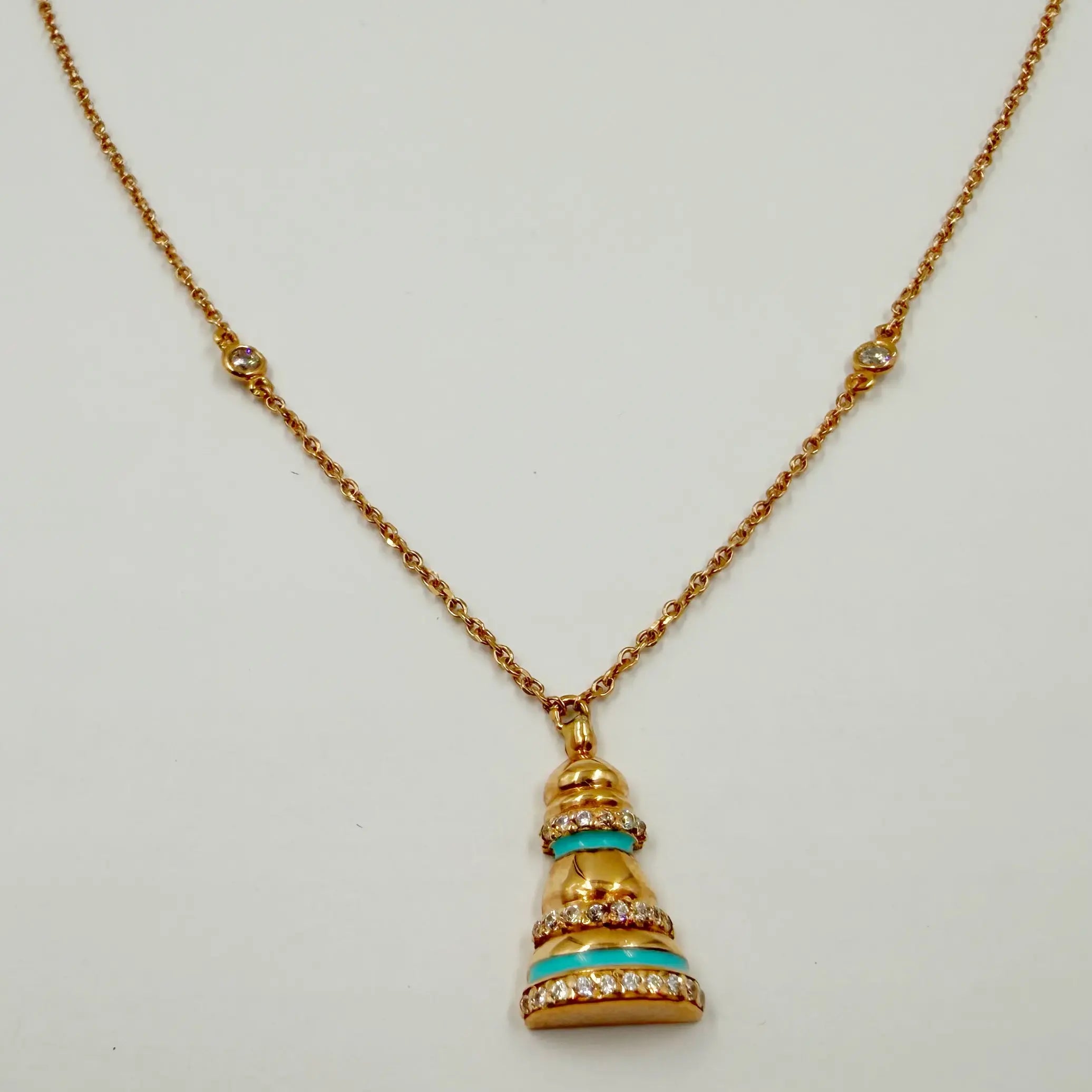 Collier Pion d'Échecs en Or Rose 18K Bleu Turquoise
