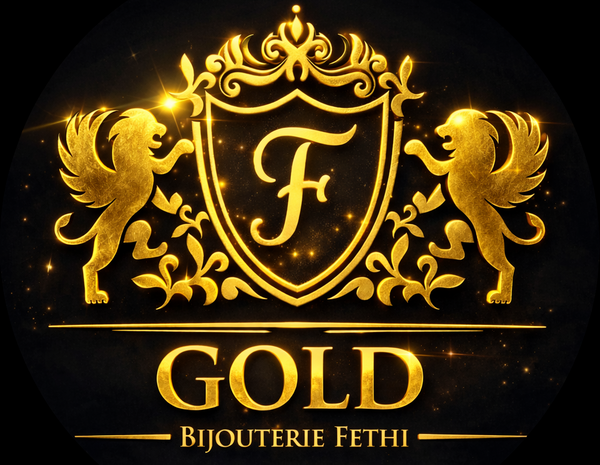 Gold logo with 'F' and lions on a black background, featuring the brand 'Gold Bijouterie Fethi'.