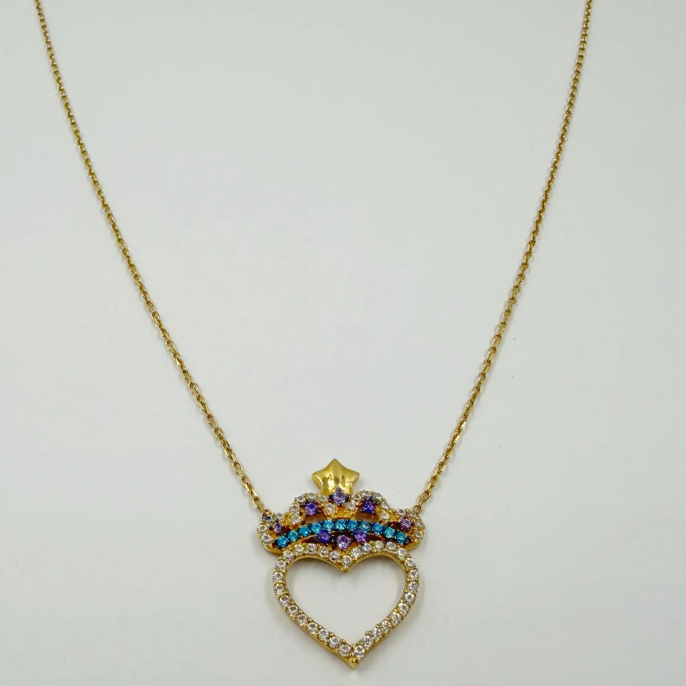 Collier Cœur Couronné Multicolore en Or Jaune 18K