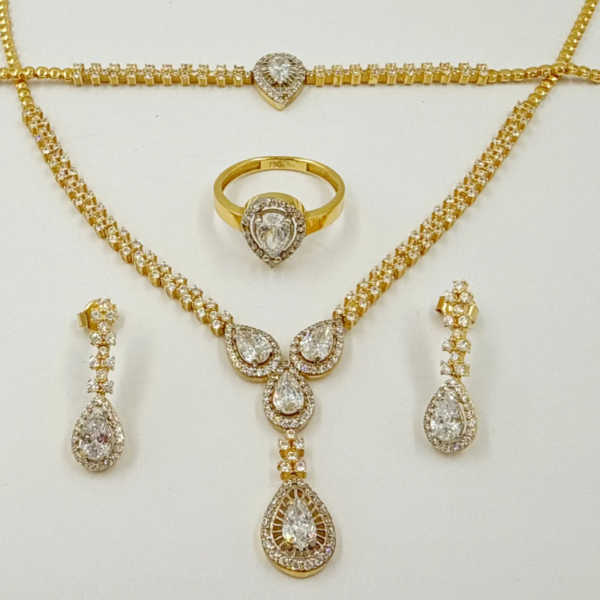 Parure de mariage en or bicolore – Collier, boucles d'oreilles, bague et gourmette