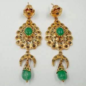 Boucles d'oreilles traditionnelles en or rose rosace avec pierres vertes, hlala et bellouta [B.FETHI™]