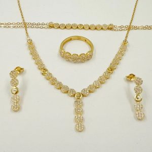 Parure moderne en or jaune – Collier, boucles d'oreilles, bague et gourmette motifs ronds pavés [B.FETHI™]