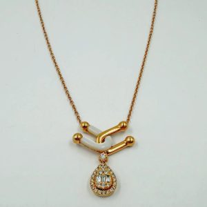 Collier en or rose avec pendentif poire serti de diamants, baguettes de diamants et nacre – 0,20 ct [B.FETHI™]