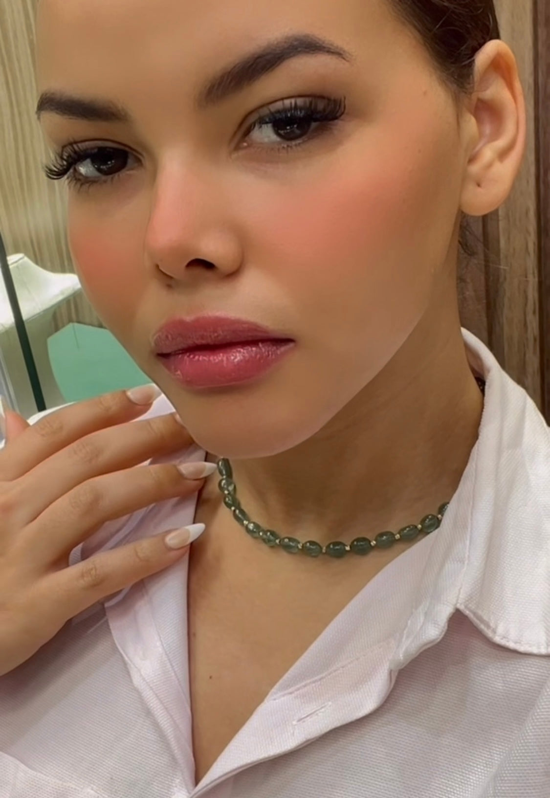 Collier en perles vertes naturel avec boules en Or 18 carats [B.FETHI™]