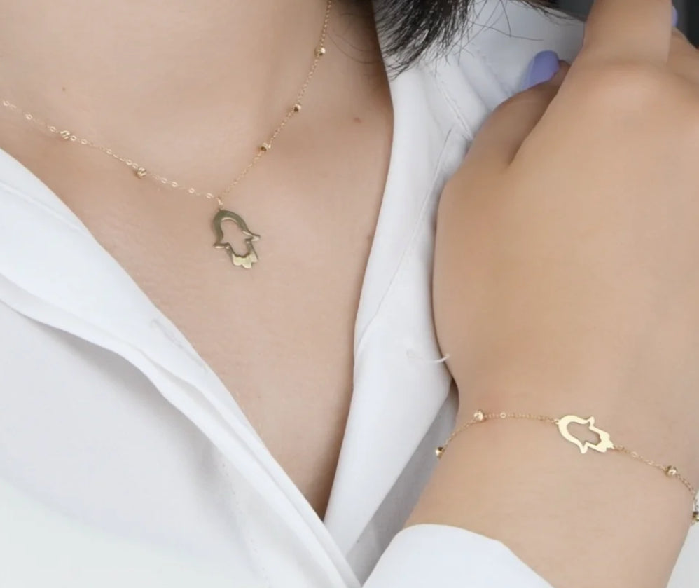 Ensemble Khmissa en Or 18 Carats - Collier et Gourmette [B.FETHI™]