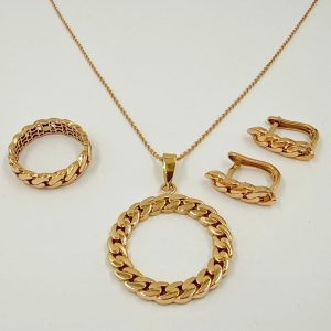 Parure moderne en or rose – Chaîne, pendentif, boucles d'oreilles et bague maille gourmette [B.FETHI™]