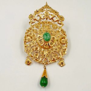 Broche traditionnelle en or rose rosace avec pierre verte et bellouta [B.FETHI™]