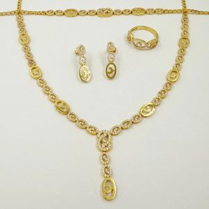 Parure moderne en or jaune – Collier, boucles d'oreilles, bague et gourmette motifs ovales ajourés [B.FETHI™]