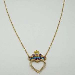Collier Cœur Couronné Multicolore en Or Jaune 18K [B.FETHI™]
