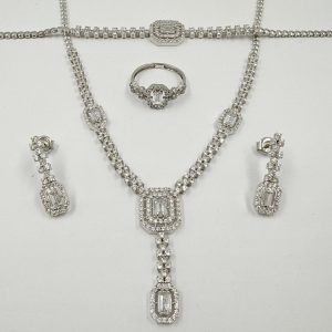 Parure de mariage en or blanc – Collier, boucles d'oreilles, bague et gourmette [B.FETHI™]