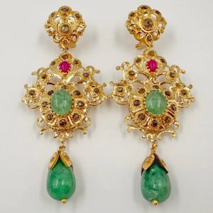 Boucles d'oreilles traditionnelles en or rose rosace avec pierres vertes, pierres rouges et bellouta [B.FETHI™]